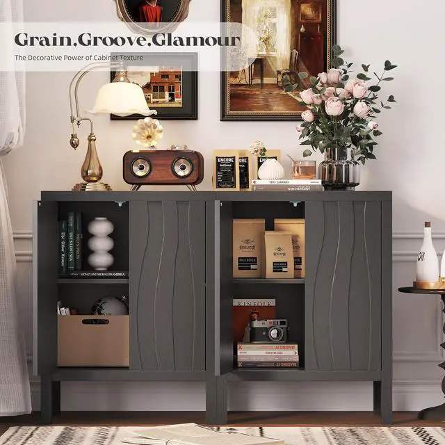 Alt view image 4 of 7 - Sideboard Buffet Cabinet, Accent Cabinets with 2 Doors, Farmhouse Wood Cabinet with Adjustable Shelves and Decorative Wave Panel for Living Room, Dining Room, Entry -Jet Black