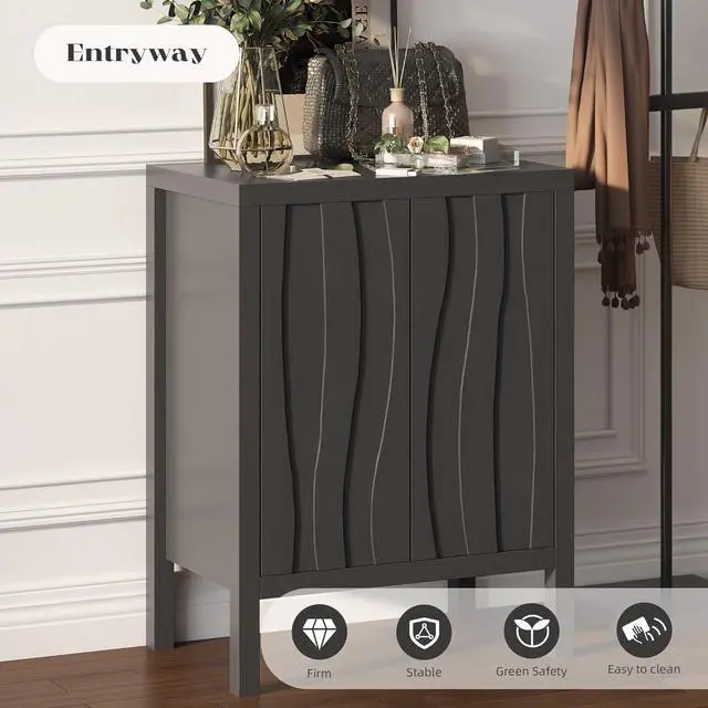 Alt view image 5 of 7 - Sideboard Buffet Cabinet, Accent Cabinets with 2 Doors, Farmhouse Wood Cabinet with Adjustable Shelves and Decorative Wave Panel for Living Room, Dining Room, Entry -Jet Black