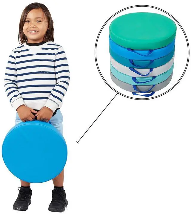 Alt view image 2 of 7 - SoftScape 15 inch Round Classroom Floor Cushions with Handles; Flexible Seating for Daycare, Preschool, Playroom; 2 inch Thick Deluxe Foam (6-Piece) - Contemporary, 11232-CT