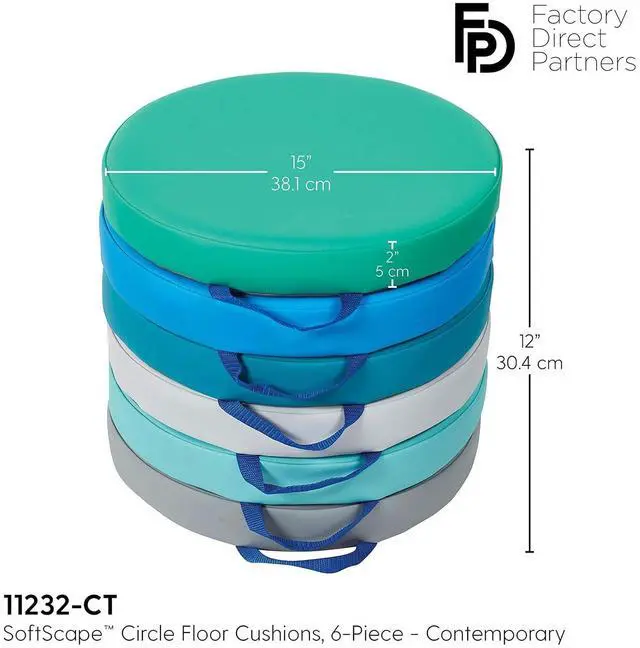 Alt view image 3 of 7 - SoftScape 15 inch Round Classroom Floor Cushions with Handles; Flexible Seating for Daycare, Preschool, Playroom; 2 inch Thick Deluxe Foam (6-Piece) - Contemporary, 11232-CT