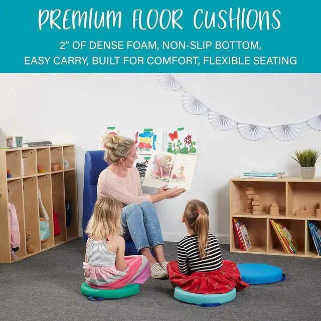 Alt view image 4 of 7 - SoftScape 15 inch Round Classroom Floor Cushions with Handles; Flexible Seating for Daycare, Preschool, Playroom; 2 inch Thick Deluxe Foam (6-Piece) - Contemporary, 11232-CT