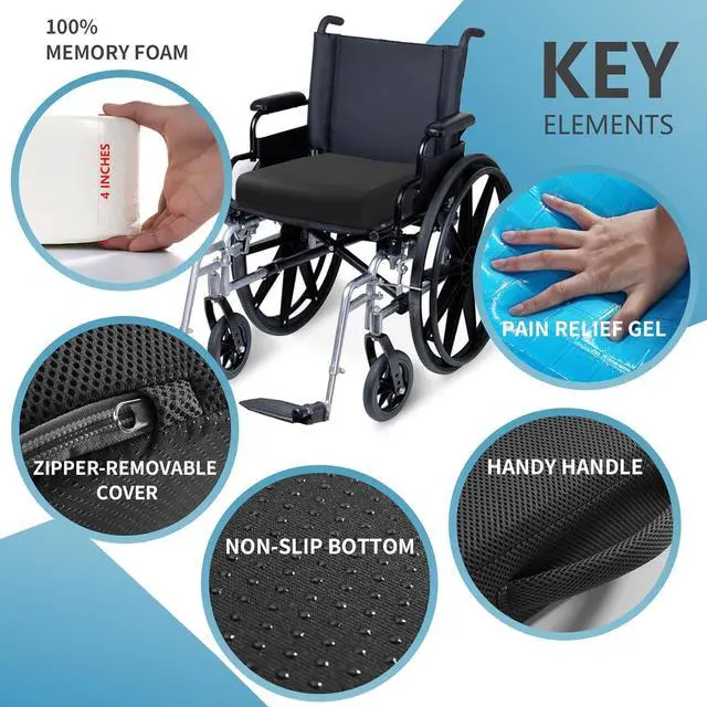 Alt view image 3 of 6 - Thick Memory Foam & Gel Seat Cushion, 18"X16"X4" Large Chair Cushion for Wheelchair Mobility Scooters, with Non-Slip Bottom and Carry Handle (Black)
