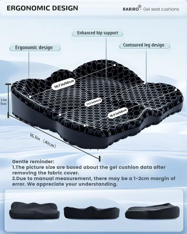 Alt view image 3 of 7 - Enlarged 19.7" Gel Seat Cushion, Egg Gel Chair Pads for Wheelchair Pressure Coccyx Sciatica Pain Relief, Cooling Desk Seat Cushion for Kayak, Car, Office Chair Long Sitting[Black]