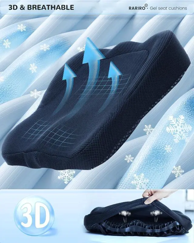Alt view image 5 of 7 - Enlarged 19.7" Gel Seat Cushion, Egg Gel Chair Pads for Wheelchair Pressure Coccyx Sciatica Pain Relief, Cooling Desk Seat Cushion for Kayak, Car, Office Chair Long Sitting[Black]