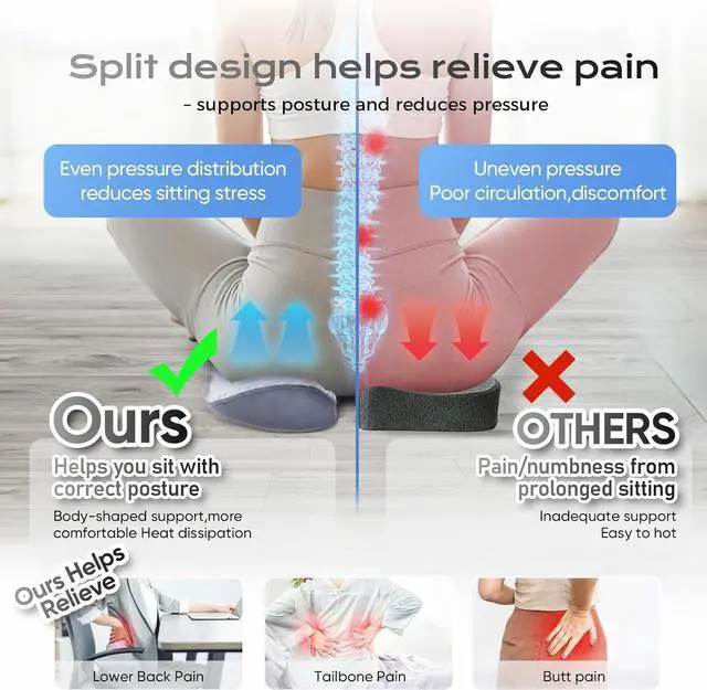 Alt view image 3 of 7 - Seat Cushion for Tailbone Pain Relief X-Large,Ergonomic Office Chair Cushions for Butt Hip Lower Back & Sciatica Pain Relief Pillow,Pressure Relief Seat Cushion for Long Sitting, Car & Plane (Grey)