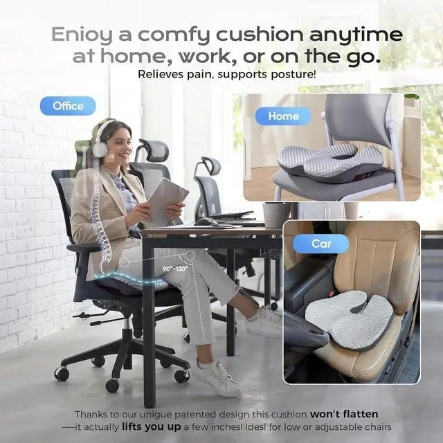 Alt view image 4 of 7 - Seat Cushion for Tailbone Pain Relief X-Large,Ergonomic Office Chair Cushions for Butt Hip Lower Back & Sciatica Pain Relief Pillow,Pressure Relief Seat Cushion for Long Sitting, Car & Plane (Grey)