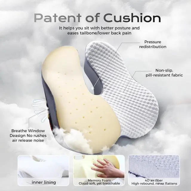 Alt view image 5 of 7 - Seat Cushion for Tailbone Pain Relief X-Large,Ergonomic Office Chair Cushions for Butt Hip Lower Back & Sciatica Pain Relief Pillow,Pressure Relief Seat Cushion for Long Sitting, Car & Plane (Grey)