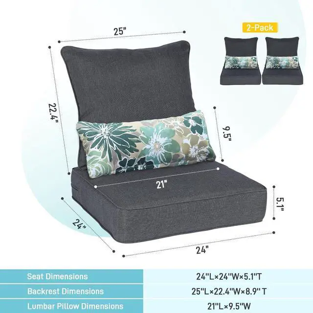 Alt view image 3 of 7 - Outdoor Chair Cushion, 24 x 24 Inch Water-Resistant, Fade-Resistant Olefin Fabric Patio Seat Cushions with Removable Cover and Adjustable Straps for Outdoor Furniture, Set of 2, Charcoal
