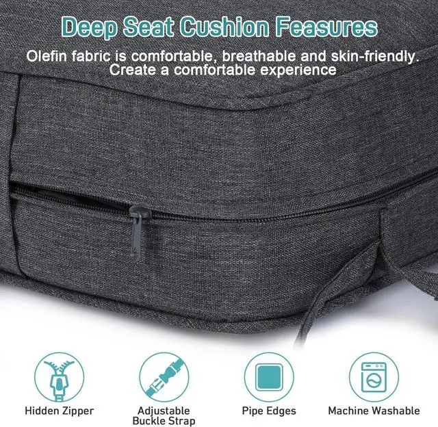 Alt view image 4 of 7 - Outdoor Chair Cushion, 24 x 24 Inch Water-Resistant, Fade-Resistant Olefin Fabric Patio Seat Cushions with Removable Cover and Adjustable Straps for Outdoor Furniture, Set of 2, Charcoal