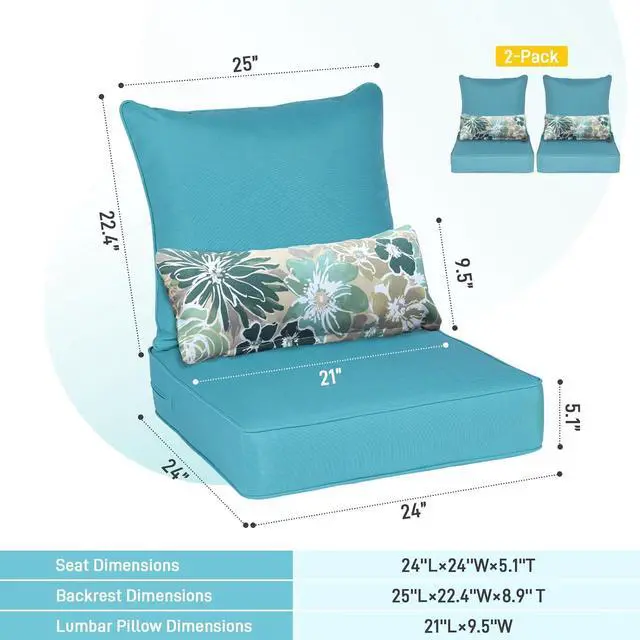 Alt view image 3 of 7 - Outdoor Chair Cushion, 24 x 24 Inch Water-Resistant, Fade-Resistant Olefin Fabric Patio Seat Cushions with Removable Cover and Adjustable Straps for Outdoor Furniture, Set of 2, Teal