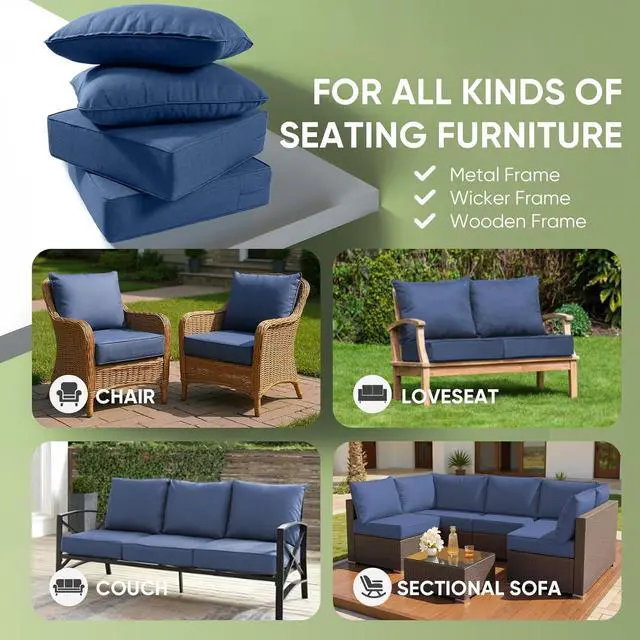 Alt view image 2 of 7 - Outdoor Chair Cushions Set of 2, Waterproof 24x24 Patio Chair Cushion, 6" Thickened Seat Cushion for Outdoor Furniture, Couch Cushion Replacement, Include 2 Back & 2 Seat Cushions, Thick/Blue