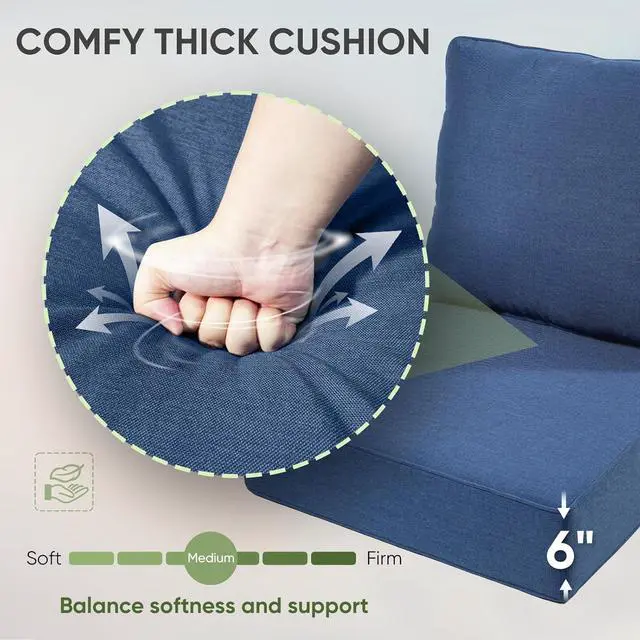 Alt view image 4 of 7 - Outdoor Chair Cushions Set of 2, Waterproof 24x24 Patio Chair Cushion, 6" Thickened Seat Cushion for Outdoor Furniture, Couch Cushion Replacement, Include 2 Back & 2 Seat Cushions, Thick/Blue