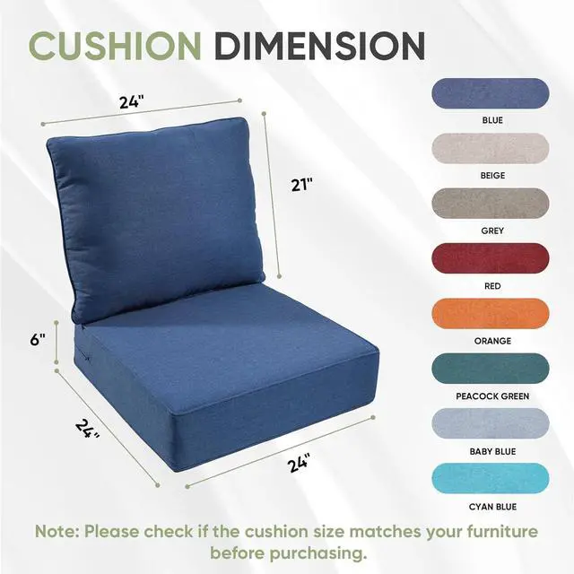 Alt view image 6 of 7 - Outdoor Chair Cushions Set of 2, Waterproof 24x24 Patio Chair Cushion, 6" Thickened Seat Cushion for Outdoor Furniture, Couch Cushion Replacement, Include 2 Back & 2 Seat Cushions, Thick/Blue