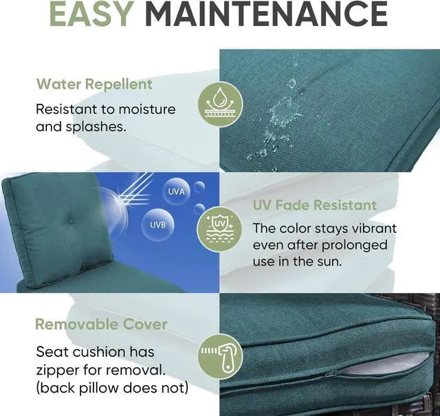 Alt view image 2 of 6 - Outdoor Chair Cushion Set, 25 x 22 Deep Seat Cushion, Patio Chair Cushions for Outdoor, Include 1 Seat Cushion and 1 Back Cushion, Peacock Green