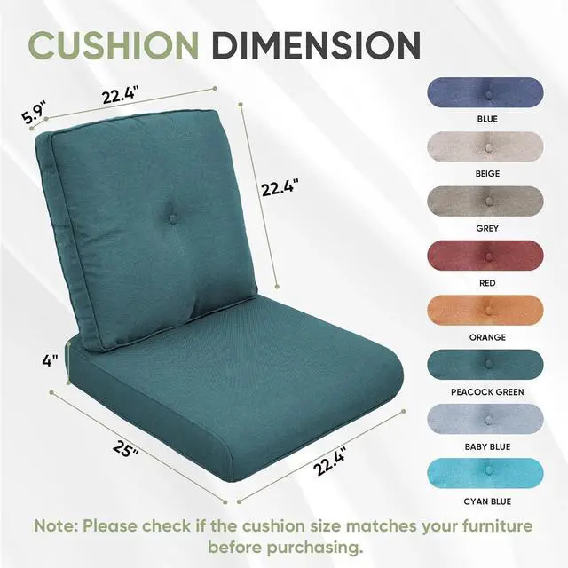 Alt view image 5 of 6 - Outdoor Chair Cushion Set, 25 x 22 Deep Seat Cushion, Patio Chair Cushions for Outdoor, Include 1 Seat Cushion and 1 Back Cushion, Peacock Green