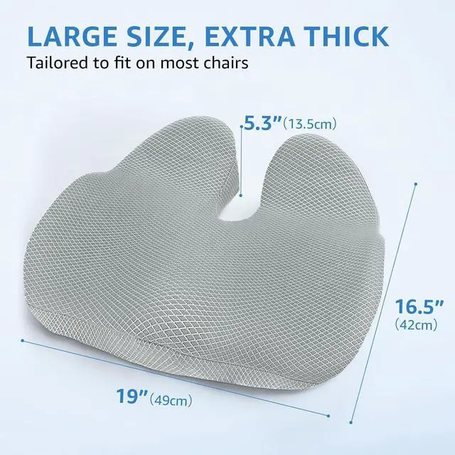 Alt view image 3 of 7 - Extra Large Office Chair Cushion, 19" x 17" Ergonomic Memory Foam Seat Cushion for Tailbone, Back, Sciatica & Hip Pain Relief, Booster Pad for Sitting & Driving, Removable Washable Cover, Grey