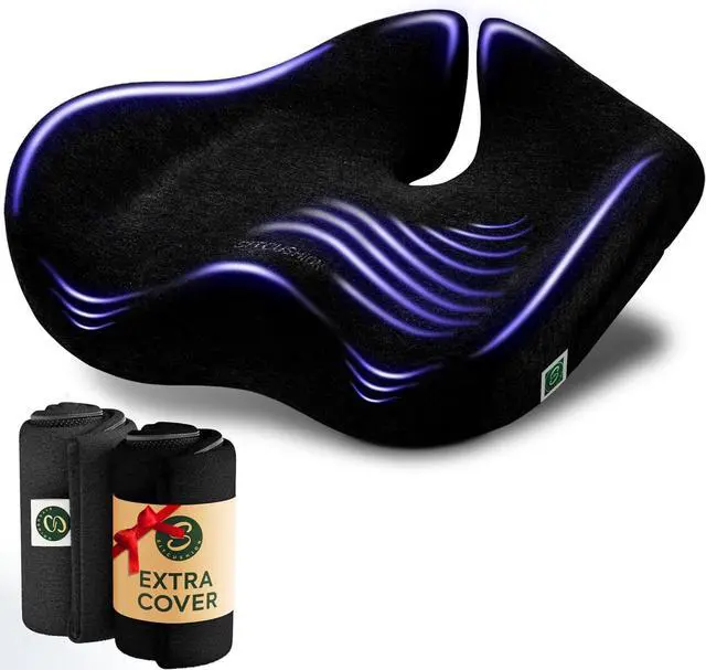 Main image of Pressure Relief Seat Cushion for Tailbone Pain  X Large Office Chair Cushion for Back Pain, Coccyx & Sciatica Pain Relief Pillow. Memory Foam Seat Cushions for Office Chairs. Extra Cover (Black)