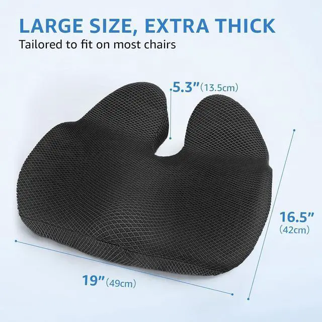 Alt view image 3 of 7 - Extra Large Office Chair Cushion, 19" x 17" Ergonomic Memory Foam Seat Cushion for Tailbone, Back, Sciatica & Hip Pain Relief, Booster Pad for Sitting & Driving, Removable Washable Cover, Black