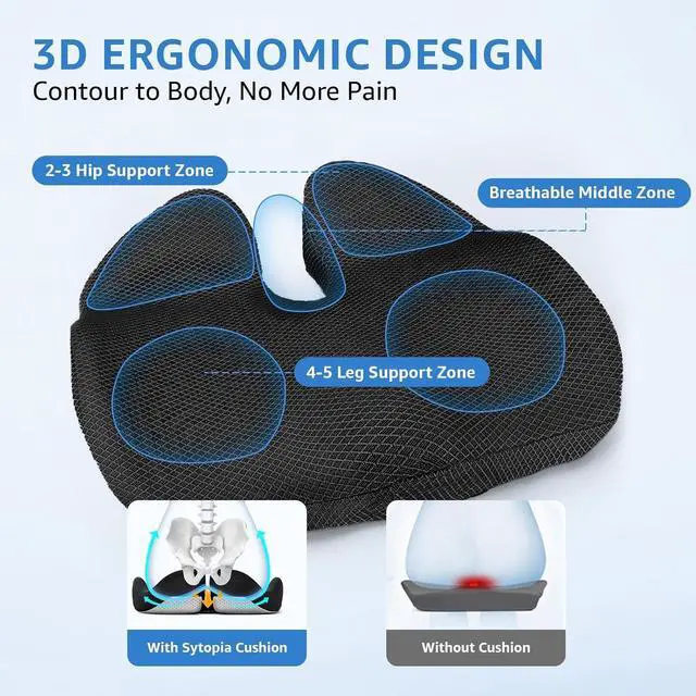 Alt view image 4 of 7 - Extra Large Office Chair Cushion, 19" x 17" Ergonomic Memory Foam Seat Cushion for Tailbone, Back, Sciatica & Hip Pain Relief, Booster Pad for Sitting & Driving, Removable Washable Cover, Black