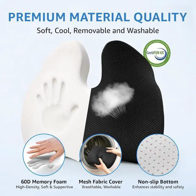 Alt view image 5 of 7 - Extra Large Office Chair Cushion, 19" x 17" Ergonomic Memory Foam Seat Cushion for Tailbone, Back, Sciatica & Hip Pain Relief, Booster Pad for Sitting & Driving, Removable Washable Cover, Black