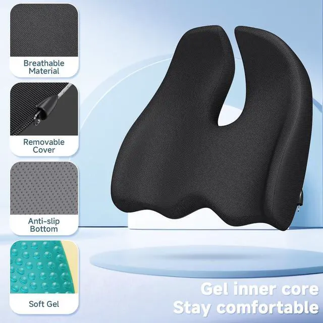 Alt view image 3 of 6 - X Large Gel Seat Cushion for Office Chair Ergonomic Cushions-Gel & Memory Foam Coccyx Butt Pillow for Sciatica & Back Pain Relief for Long Sitting for Gaming Chair and Car Seat-Black