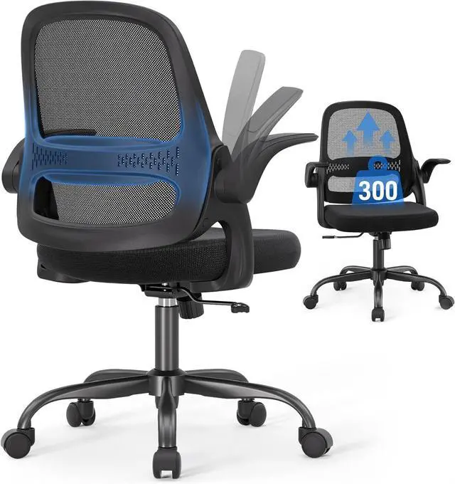 Main image of Ergonomic Mesh Office Chair for Home Office, Flip-Up Arms, Breathable Mesh Back & Thick Seat Cushion, Swivel Rolling Computer Desk Chair, BIFMA Certified, Supports 300 lbs (Black Frame/Black Seat)