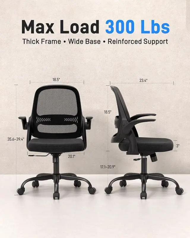 Alt view image 2 of 7 - Ergonomic Mesh Office Chair for Home Office, Flip-Up Arms, Breathable Mesh Back & Thick Seat Cushion, Swivel Rolling Computer Desk Chair, BIFMA Certified, Supports 300 lbs (Black Frame/Black Seat)