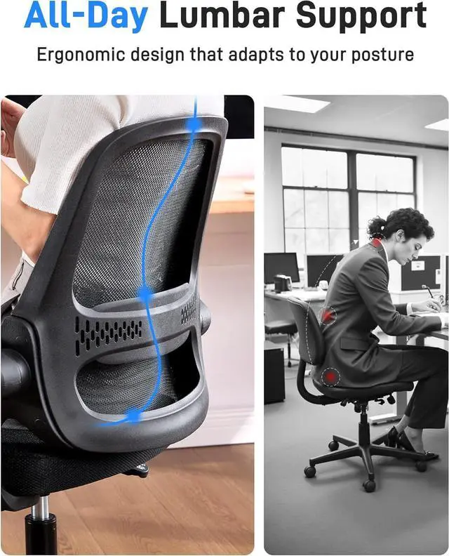Alt view image 7 of 7 - Ergonomic Mesh Office Chair for Home Office, Flip-Up Arms, Breathable Mesh Back & Thick Seat Cushion, Swivel Rolling Computer Desk Chair, BIFMA Certified, Supports 300 lbs (Black Frame/Black Seat)