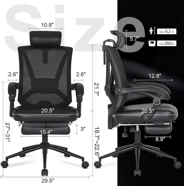 Alt view image 2 of 6 - Ergonomic Office Chair with Footrest, Ergonomic Desk Chair with Adjustable 2D Lumbar Support, High Back Computer Chair with Adjustable Headrest, Comfortable Leather Office Chairs -Black