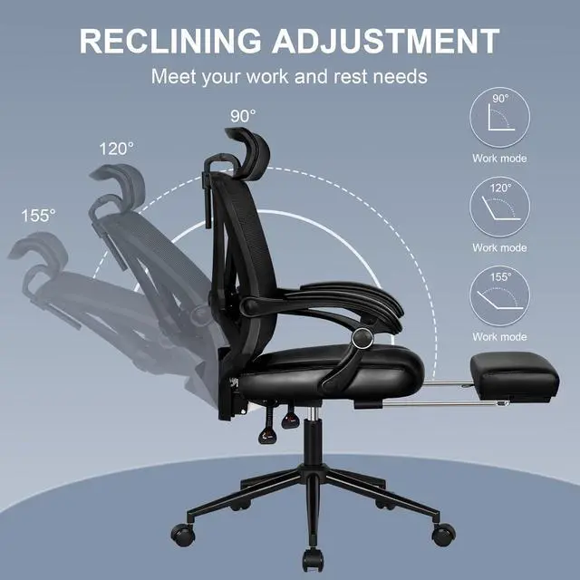 Alt view image 4 of 6 - Ergonomic Office Chair with Footrest, Ergonomic Desk Chair with Adjustable 2D Lumbar Support, High Back Computer Chair with Adjustable Headrest, Comfortable Leather Office Chairs -Black
