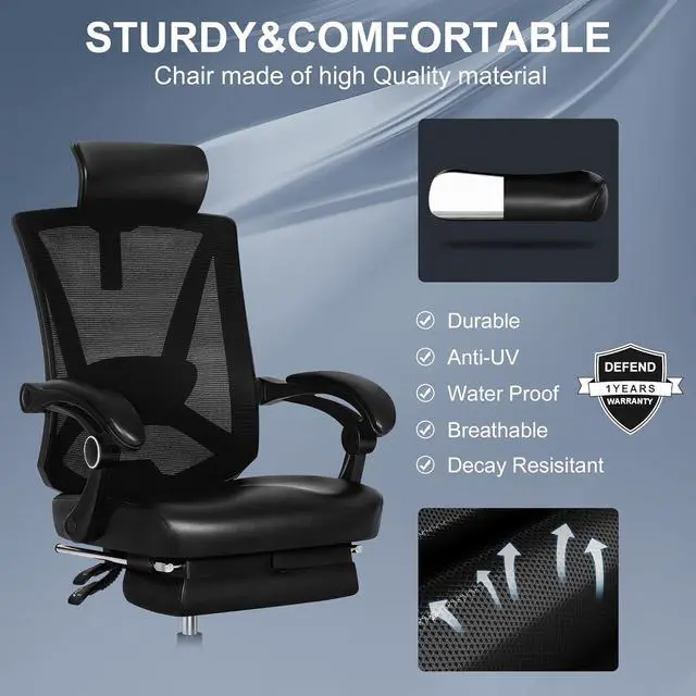 Alt view image 6 of 6 - Ergonomic Office Chair with Footrest, Ergonomic Desk Chair with Adjustable 2D Lumbar Support, High Back Computer Chair with Adjustable Headrest, Comfortable Leather Office Chairs -Black