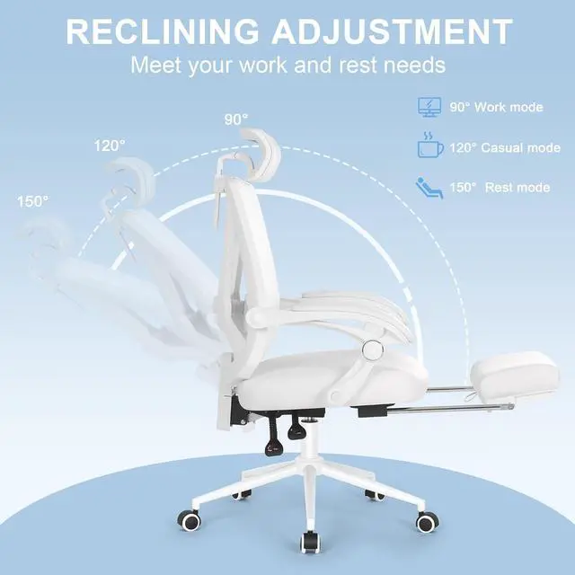 Alt view image 4 of 7 - Ergonomic Office Chair with Footrest, Ergonomic Desk Chair with Adjustable 2D Lumbar Support, High Back Computer Chair with Adjustable Headrest, White Comfortable Leather Office Chairs