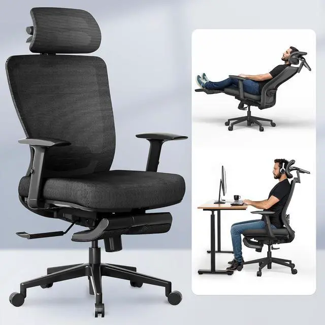 Main image of Ergonomic Office Chair with Footrest, Mesh Back Computer Chair, Home Office Desk Chairs, with Adjustable Lumbar Support/4D Headrest/Reliable Base, Elastic Foam Seat, Black, OC3 Cloud-F