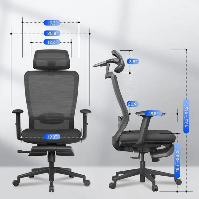 Alt view image 2 of 7 - Ergonomic Office Chair with Footrest, Mesh Back Computer Chair, Home Office Desk Chairs, with Adjustable Lumbar Support/4D Headrest/Reliable Base, Elastic Foam Seat, Black, OC3 Cloud-F