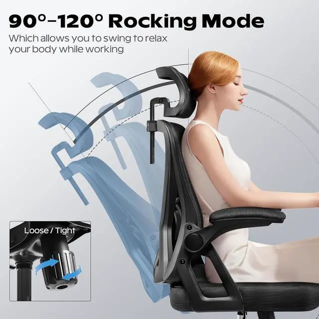 Alt view image 3 of 7 - Ergonomic Office Chair, Home Office Desk Chair with Headrest, High Back Mesh Chair with Flip-up Armrests, Comfy Desk Chair with Lumbar Support, Rolling Swivel Task Computer Chair for Home Office