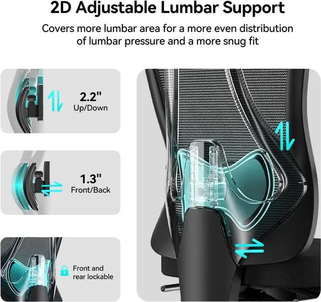 Alt view image 2 of 7 - P3 Pro Ergonomic Office Chair with 2D Adjustable Lumbar Support, Office Desk Chair with 3D Adjustable Headrest and Armrests, 135° Stepless Tilt Function, Three-Layer Mesh, Black(No Footrest)