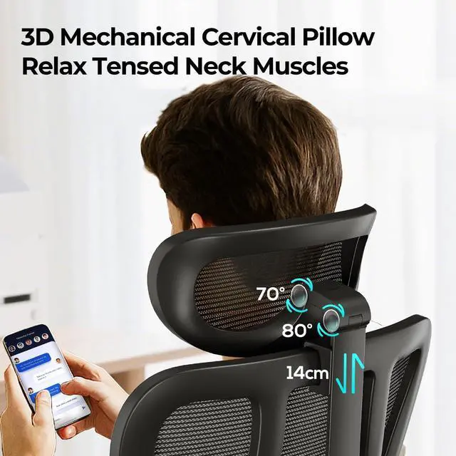 Alt view image 3 of 7 - P3 Pro Ergonomic Office Chair with 2D Adjustable Lumbar Support, Office Desk Chair with 3D Adjustable Headrest and Armrests, 135° Stepless Tilt Function, Three-Layer Mesh, Black(No Footrest)