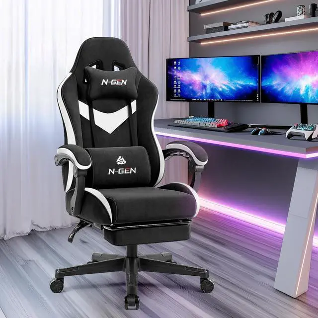 Alt view image 2 of 7 - Video Gaming Chair Office Computer Desk Use Ergonomic Reclining Backrest Adjustable Armrests Lumbar Support Footrest High Density Foam Breathable Fabric Heavy Duty Base (Black)