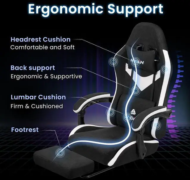 Alt view image 5 of 7 - Video Gaming Chair Office Computer Desk Use Ergonomic Reclining Backrest Adjustable Armrests Lumbar Support Footrest High Density Foam Breathable Fabric Heavy Duty Base (Black)