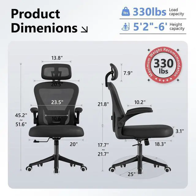 Alt view image 2 of 7 - Computer Desk Chair, Ergonomic Office Chair M903 with Wheels, High Back Mesh Office Chair with Adjustable Lumbar Support, Headrest, Flip-Up Armrests, Black