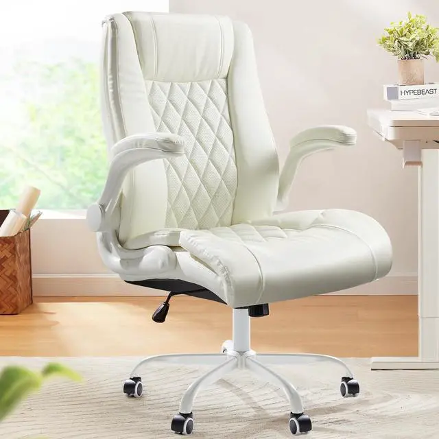 Main image of Executive Office Chair with Flip-up Armrests,PU Leather Ergonomic Desk Chair Height-Adjustable Swivel Rolling Computer Desk Chair (White)