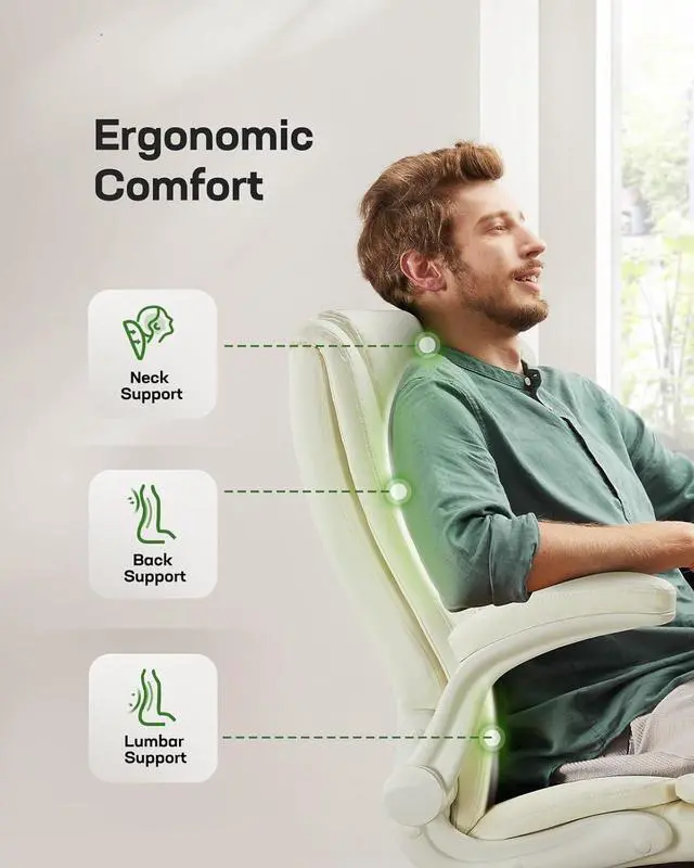 Alt view image 3 of 6 - Executive Office Chair with Flip-up Armrests,PU Leather Ergonomic Desk Chair Height-Adjustable Swivel Rolling Computer Desk Chair (White)