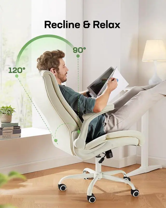 Alt view image 4 of 6 - Executive Office Chair with Flip-up Armrests,PU Leather Ergonomic Desk Chair Height-Adjustable Swivel Rolling Computer Desk Chair (White)