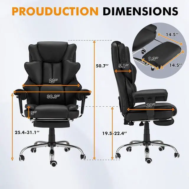 Alt view image 3 of 7 - 6-Point Massage Office Chair,Heating Executive Chairs,Ergonomic Home Office Desk Chairs with Retractable Footrest and Reclining Function,Leather Computer Chair with Adjustable Armrest(Black)