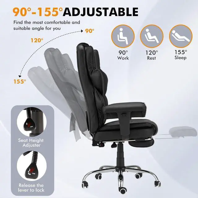 Alt view image 5 of 7 - 6-Point Massage Office Chair,Heating Executive Chairs,Ergonomic Home Office Desk Chairs with Retractable Footrest and Reclining Function,Leather Computer Chair with Adjustable Armrest(Black)