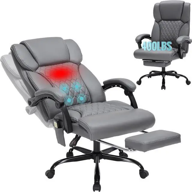 Main image of Massage & Heat Office Chair with Footrest, 400LBS Reclining Ergonomic Executive Chair for Big & Tall, High Back Home Office & Gaming Desk Chairs for Heavy People, Grey