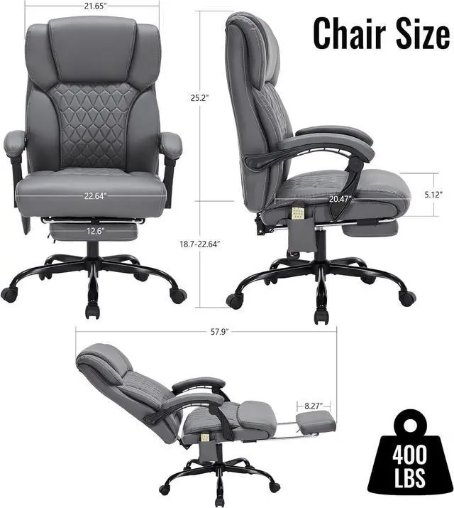 Alt view image 3 of 7 - Massage & Heat Office Chair with Footrest, 400LBS Reclining Ergonomic Executive Chair for Big & Tall, High Back Home Office & Gaming Desk Chairs for Heavy People, Grey