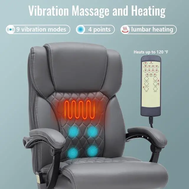 Alt view image 5 of 7 - Massage & Heat Office Chair with Footrest, 400LBS Reclining Ergonomic Executive Chair for Big & Tall, High Back Home Office & Gaming Desk Chairs for Heavy People, Grey