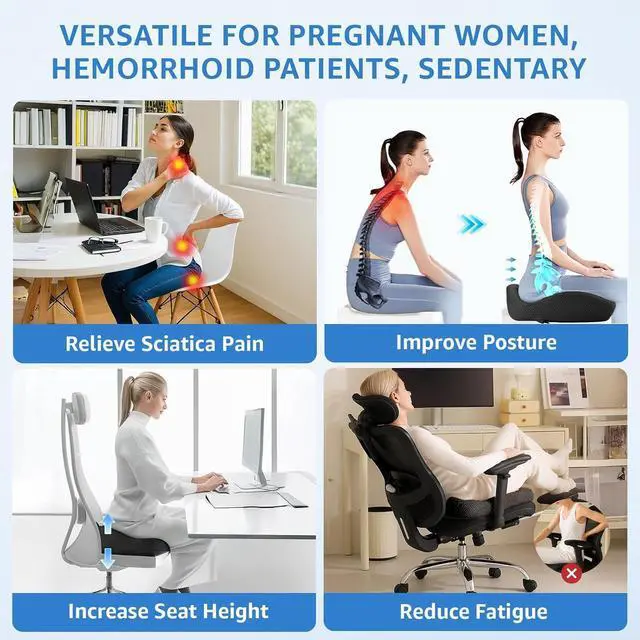 Alt view image 6 of 7 - Extra Large Office Chair Cushion, 19" x 17" Ergonomic Memory Foam Seat Cushion for Tailbone, Back, Sciatica & Hip Pain Relief, Booster Pad for Sitting & Driving, Removable Washable Cover, Black