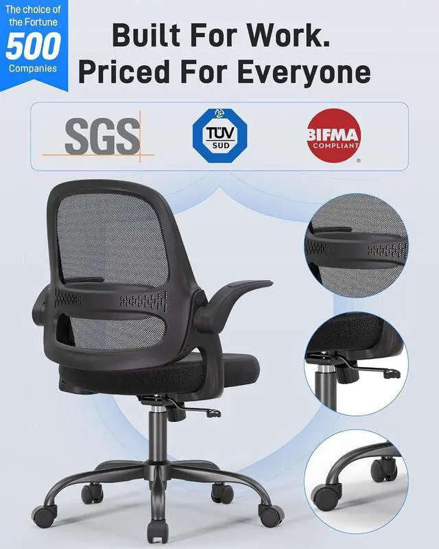 Alt view image 5 of 7 - Ergonomic Mesh Office Chair for Home Office, Flip-Up Arms, Breathable Mesh Back & Thick Seat Cushion, Swivel Rolling Computer Desk Chair, BIFMA Certified, Supports 300 lbs (Black Frame/Black Seat)
